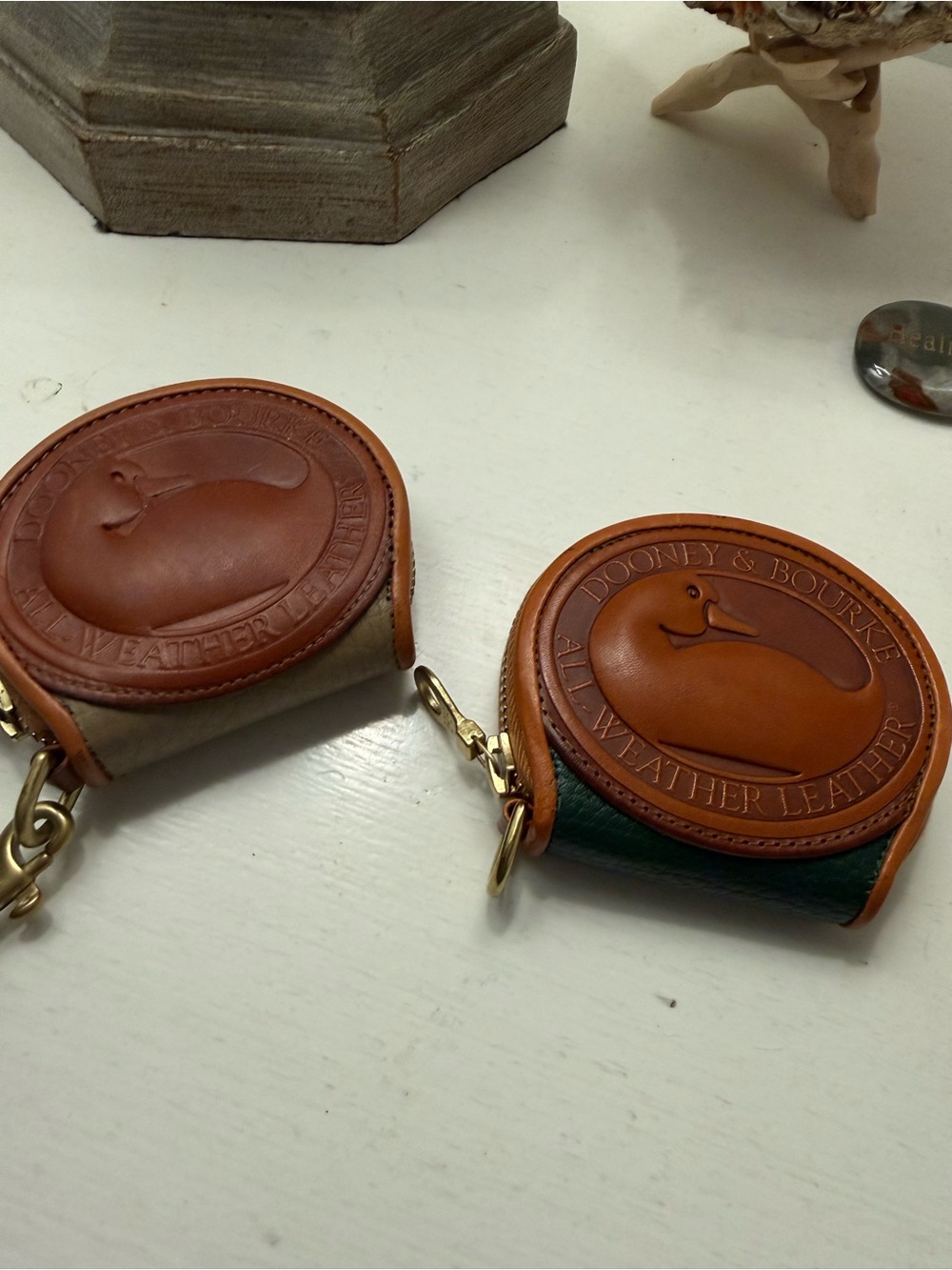 Dooney & Bourke Round Leather Key Pouch in Brown with Green hunter green Accent